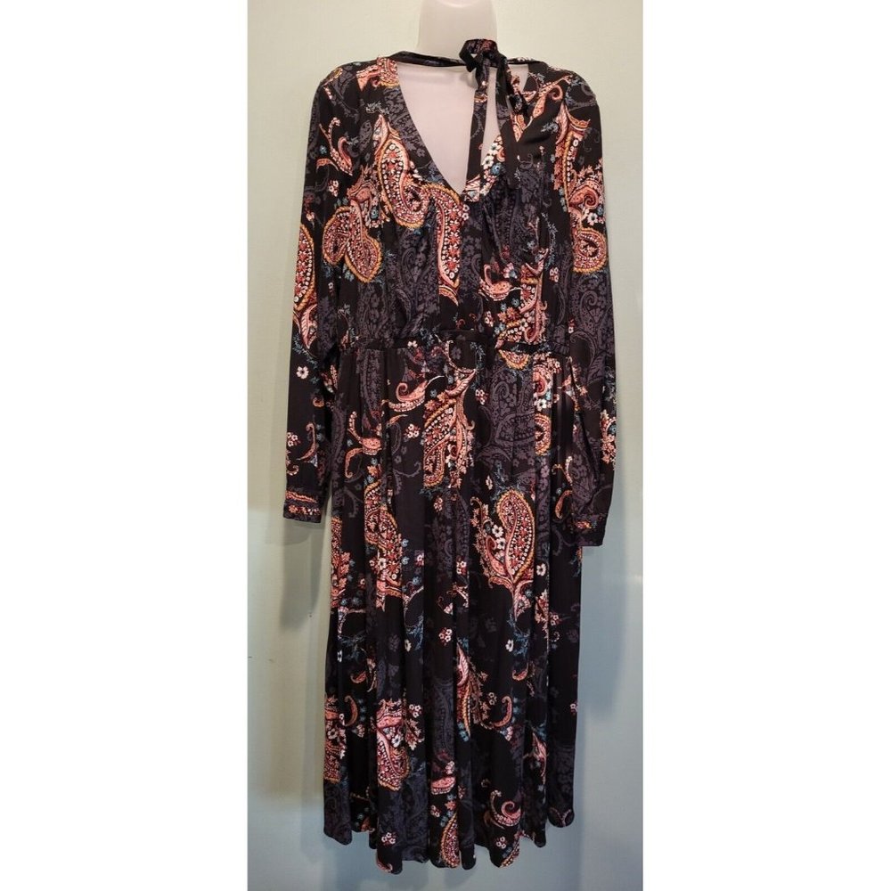 Torrid Midi Challis Skater Dress Black Peach Paisley  Tie Neck Sz 1/1X